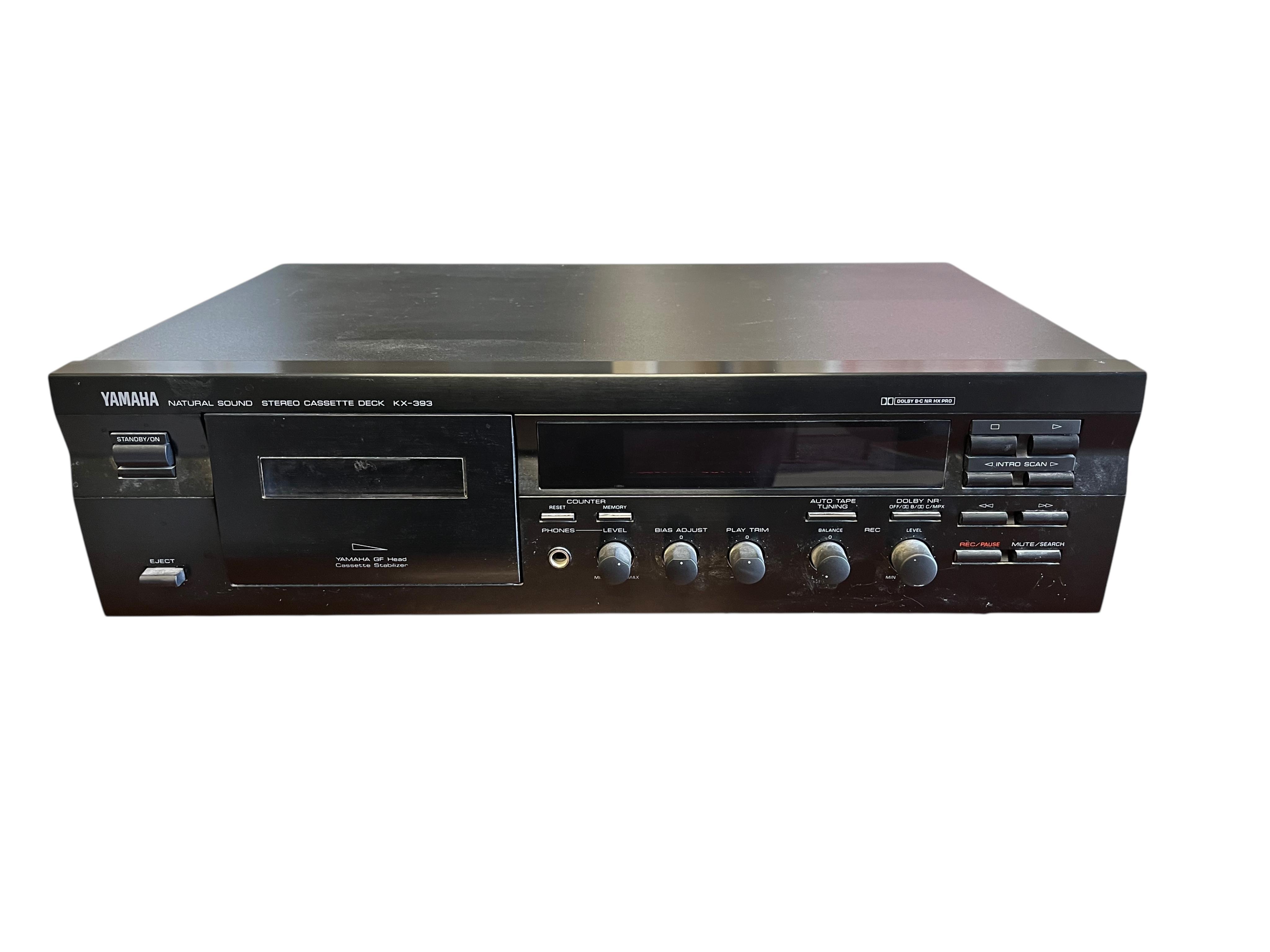 Two pairs of KEF stereo speakers; a pair of floor standing Q35.2 speakers and a pair of Q15.2 shelf speakers, together with a Pro-Ject Debut II turntable record player, serial number 008033, and a Yamaha Stereo Cassette